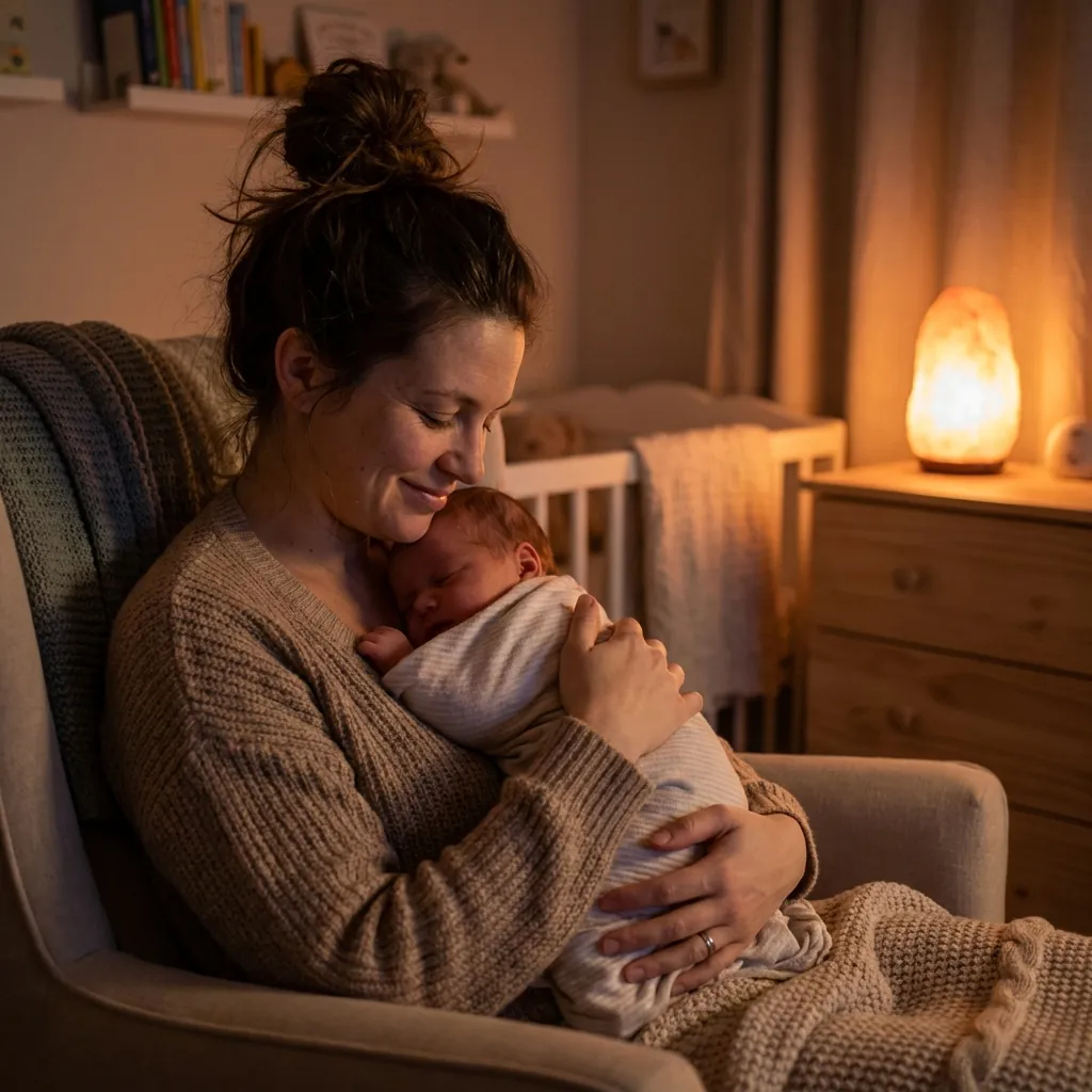 Mamá tranquila de madrugada con bebé durmiendo